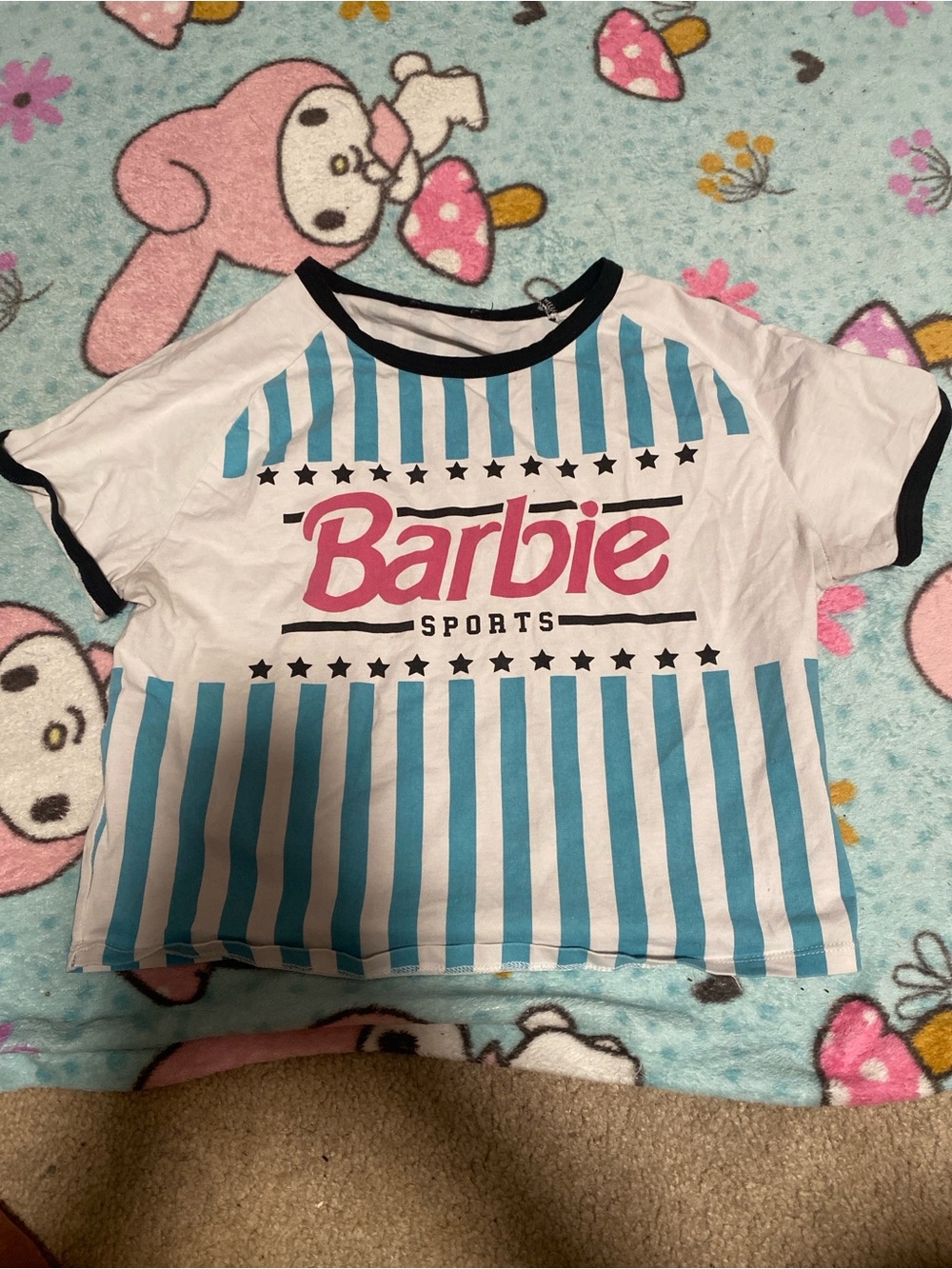 White Tee with Pink Logo and Teal Stripes